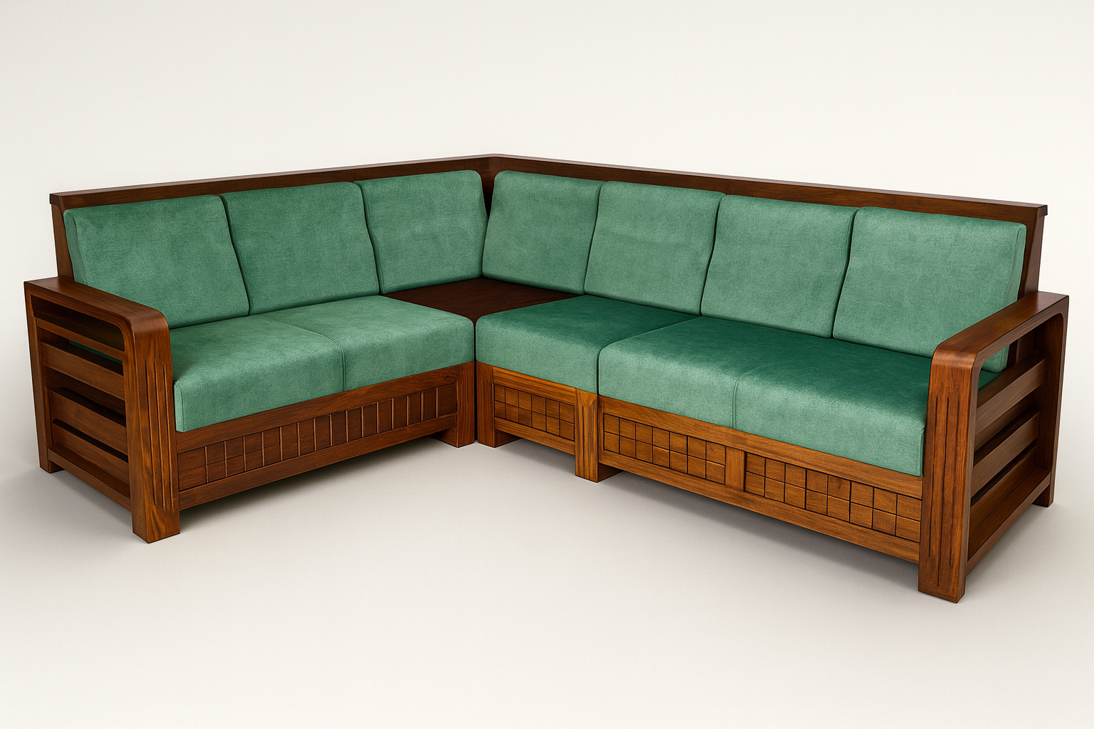 Handcrafted Solid Wood L-Shaped Sofa Set – Premium Fabric Cushions & Modern Classic Design