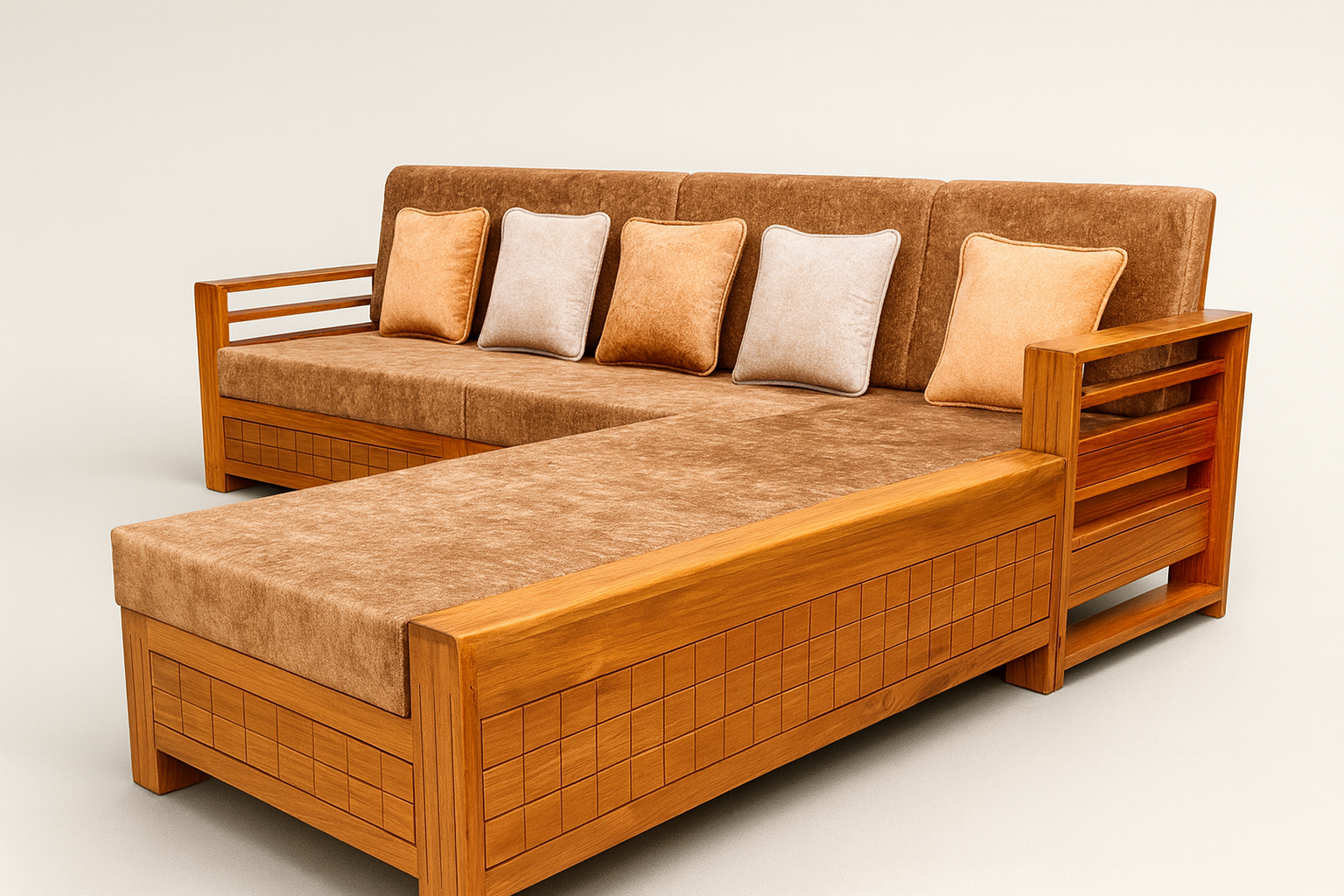 Handcrafted Solid Wood L-Shaped Sofa Set – Premium Fabric Cushions & Modern Classic Design