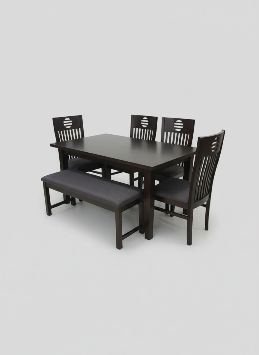 6-Seater Wooden Dining Table Set | Premium Solid Wood | 4 Chairs + Cushioned Bench