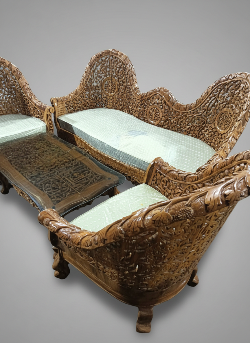 Hand-Carved Royal Wooden Sofa Set with Center Table – Premium Traditional Masterpiece