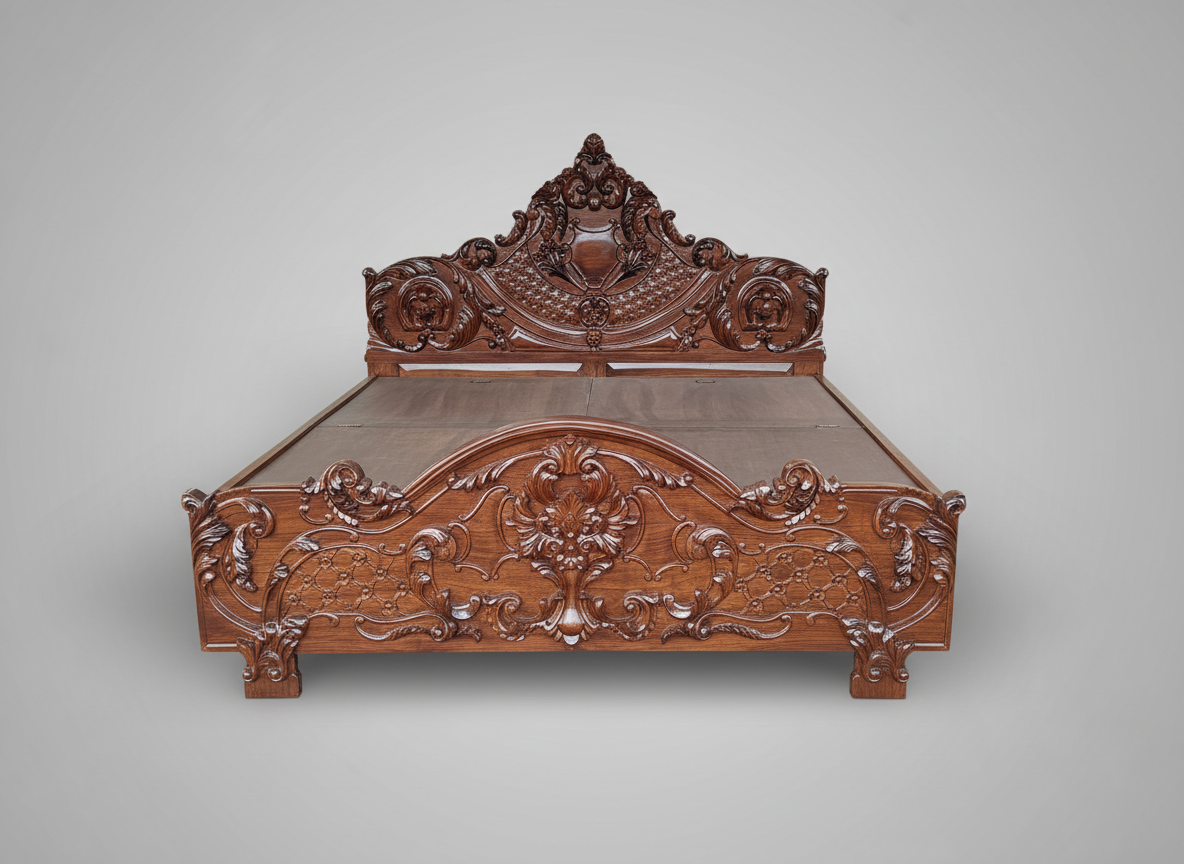 Handcrafted Royal Carved King Size Bed – Solid Wood | Luxury Antique Finish