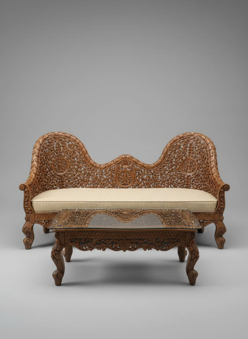 Hand-Carved Royal Wooden Sofa Set with Center Table – Premium Traditional Masterpiece