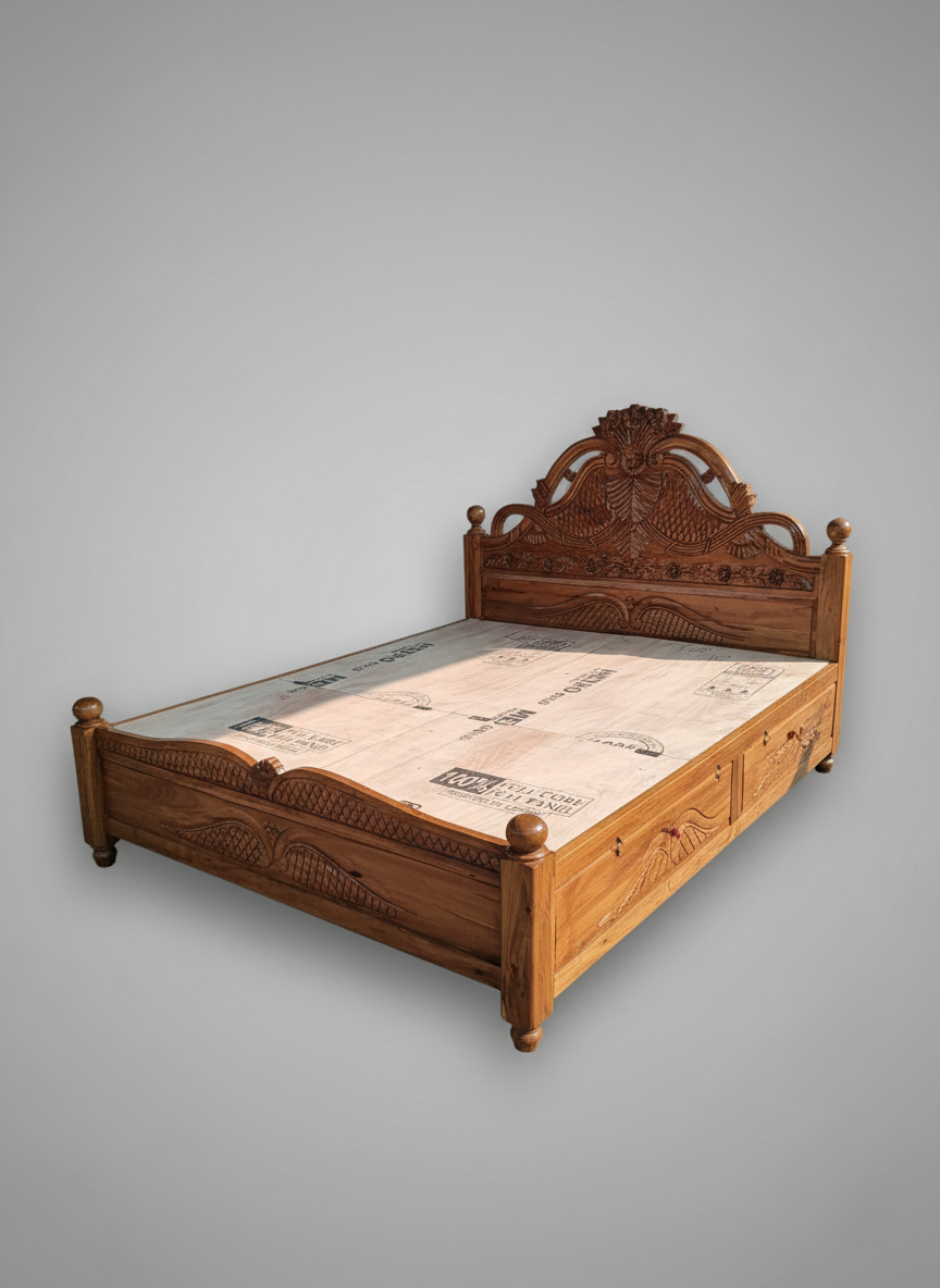 Handcrafted Solid Wood Carved Bed with Storage – Premium Traditional Design