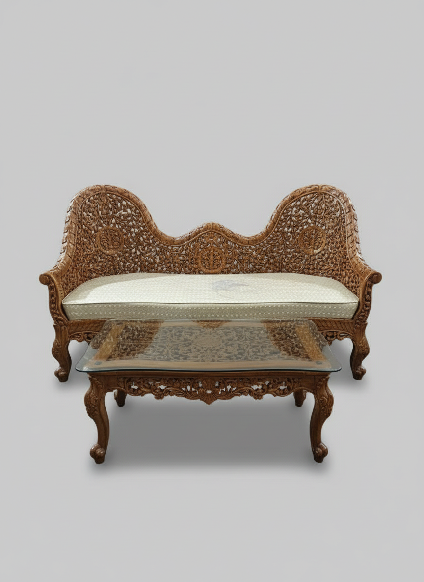 Hand-Carved Royal Wooden Sofa Set with Center Table – Premium Traditional Masterpiece